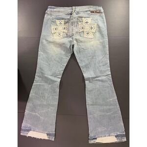 Vintage YNQ Bootcut Wide Flare Jeans Women's Size‎ 13 Cross Embroidery Y2K